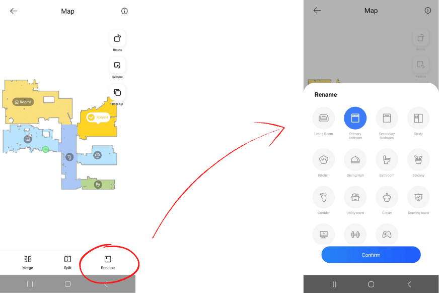 В приложении Dreame L10s Pro отдельным помещениям на карте присваиваются символы.